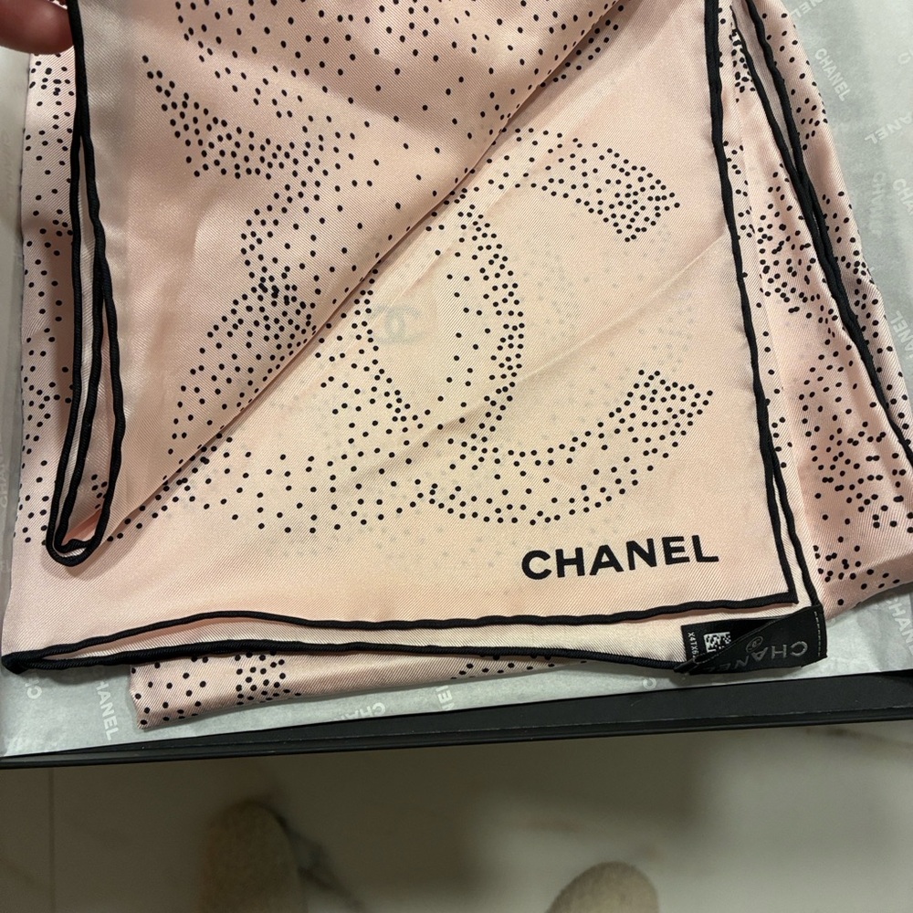 CHANEL Pink and Black Dot Floral Silk Scarf - Picture 9 of 10